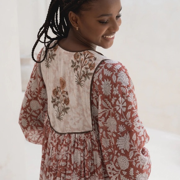 Daughters of India Floral Midi Dress - Cream and Brown - Picture 4 of 4